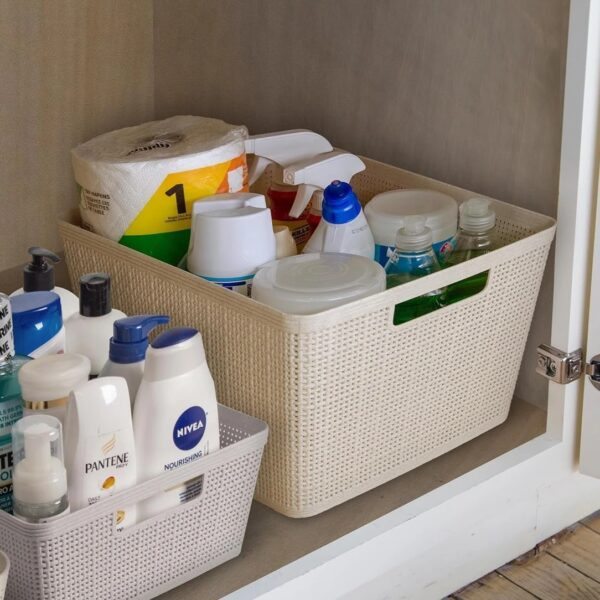 Woven Plastic Storage Basket, Small, Natural, 5-Pack