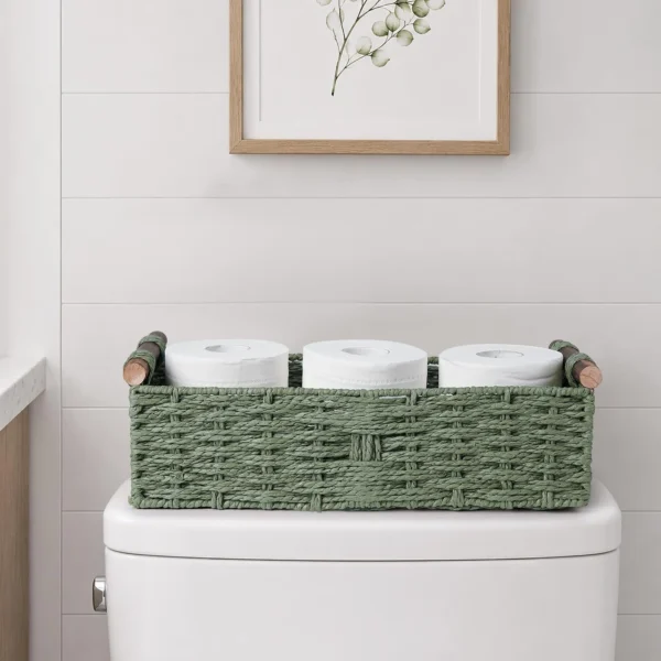 Small Round Woven Paper Rope Toilet Tank Storage Basket with Handle, Green
