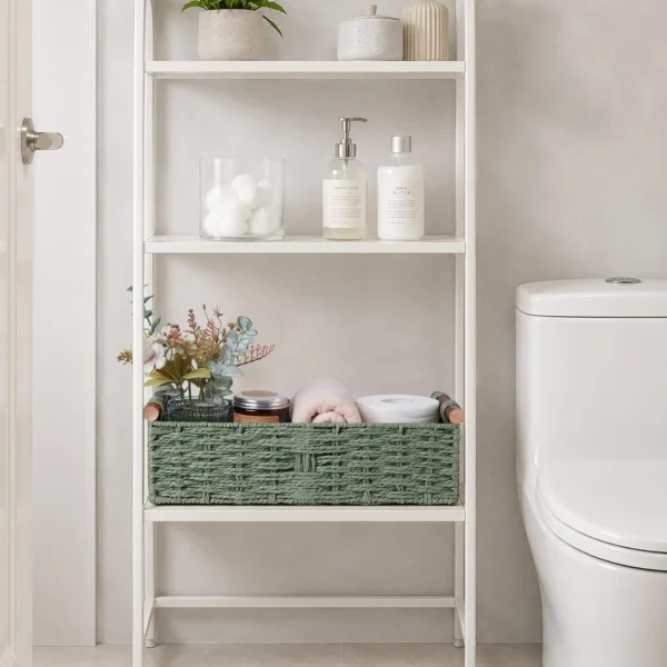 Small Round Woven Paper Rope Toilet Tank Storage Basket with Handle, Green