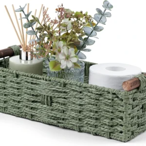 Small Round Woven Paper Rope Toilet Tank Storage Basket with Handle, Green