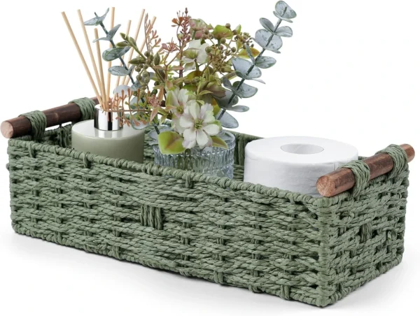 Small Round Woven Paper Rope Toilet Tank Storage Basket with Handle, Green