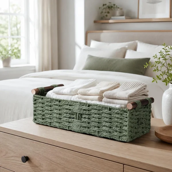 Small Round Woven Paper Rope Toilet Tank Storage Basket with Handle, Green