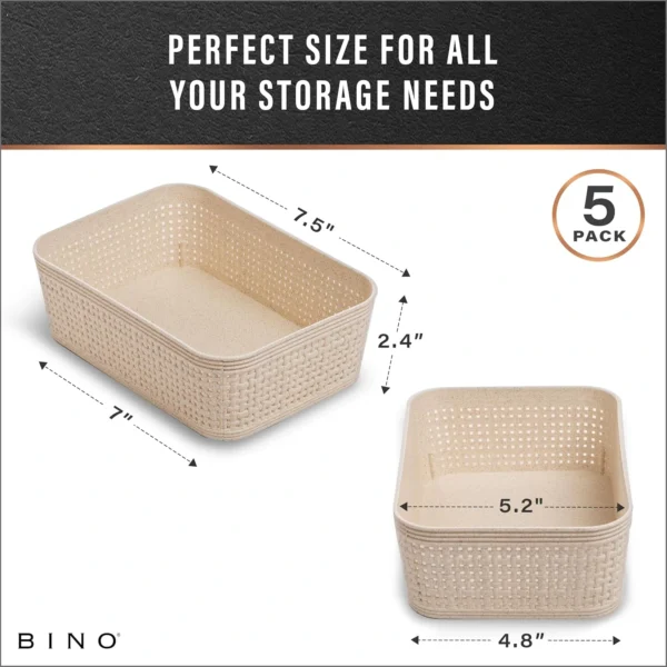 Woven Plastic Storage Basket, Small, Natural, 5-Pack