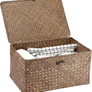 Large Handwoven Wicker Storage Basket Box with Lid, Coffee